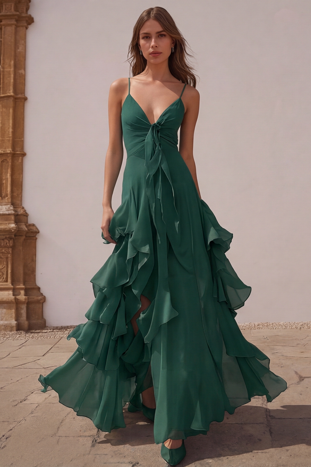 Dusty Blue Chiffon A-Line Spaghetti Straps Long Wedding Guest Dress with Ruffles