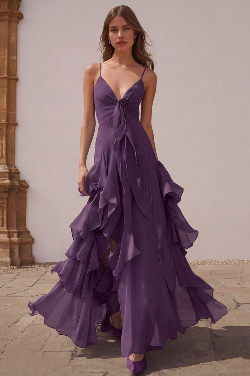 Dusty Blue Chiffon A-Line Spaghetti Straps Long Wedding Guest Dress with Ruffles