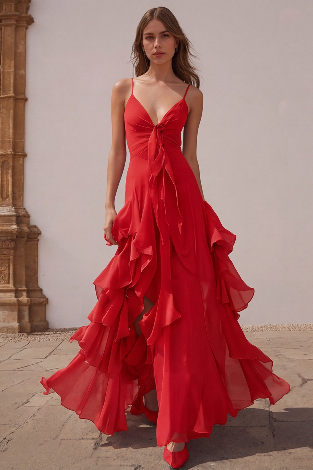 Dusty Blue Chiffon A-Line Spaghetti Straps Long Wedding Guest Dress with Ruffles