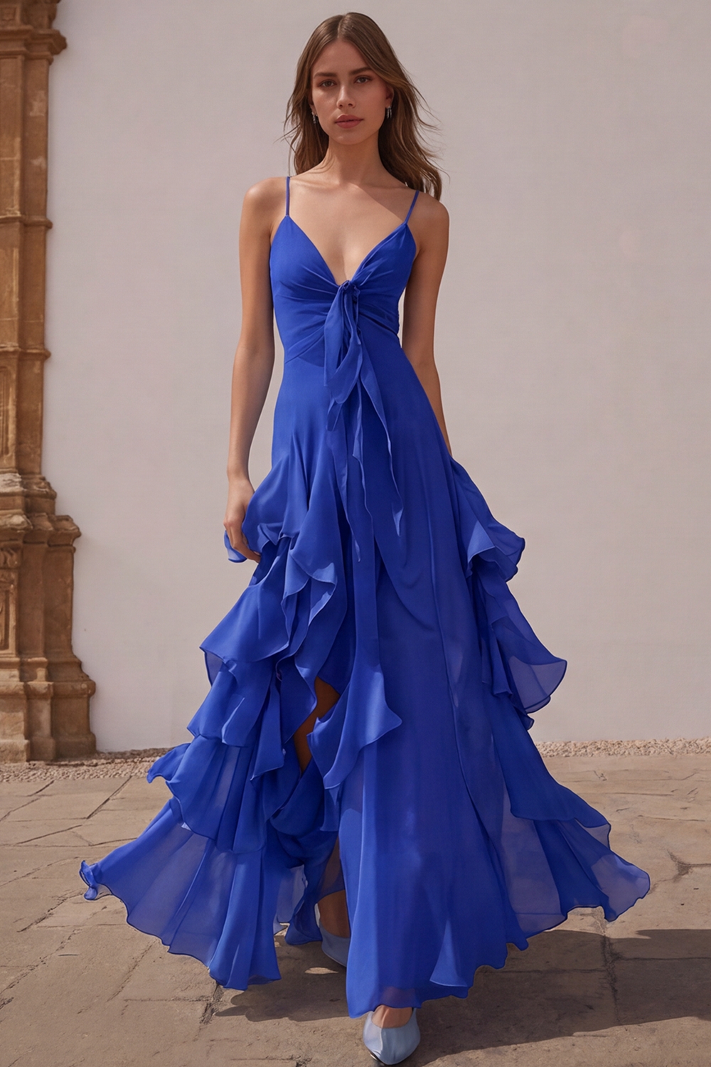 Dusty Blue Chiffon A-Line Spaghetti Straps Long Wedding Guest Dress with Ruffles