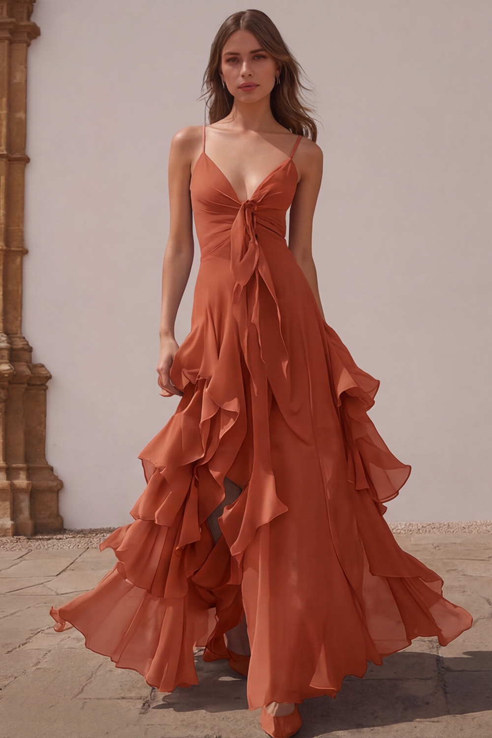 Dusty Blue Chiffon A-Line Spaghetti Straps Long Wedding Guest Dress with Ruffles