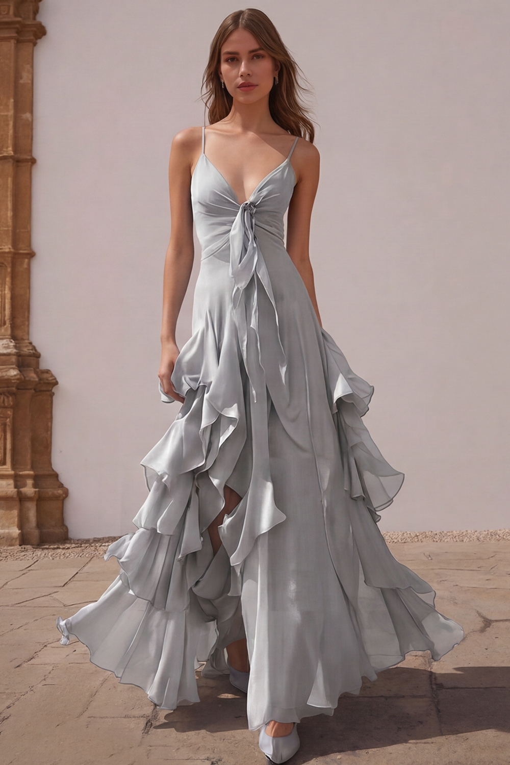 Dusty Blue Chiffon A-Line Spaghetti Straps Long Wedding Guest Dress with Ruffles