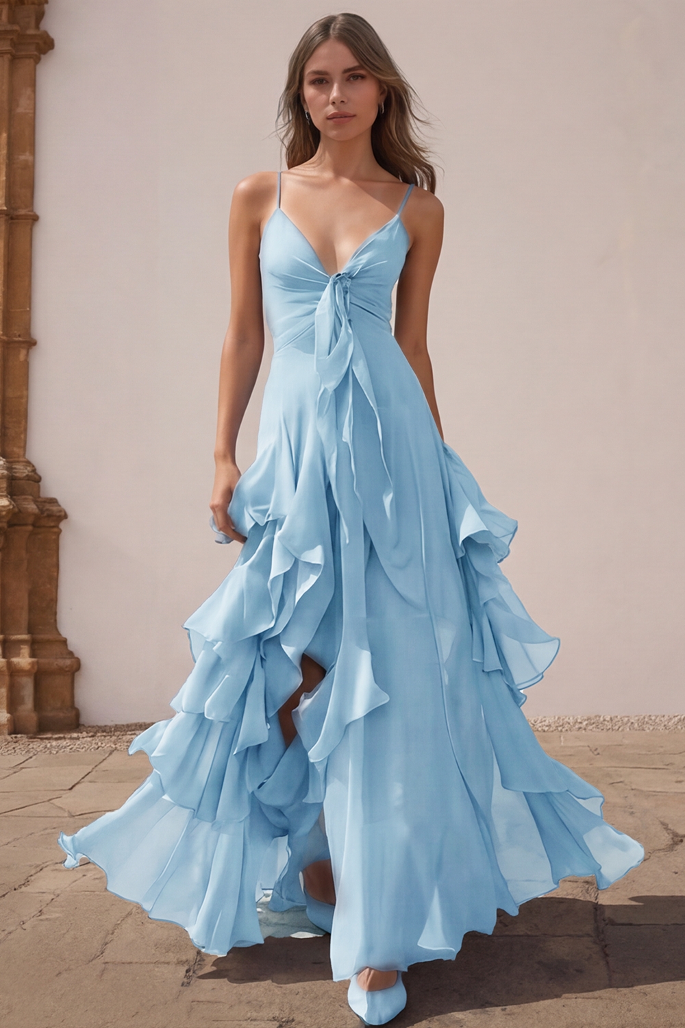 Dusty Blue Chiffon A-Line Spaghetti Straps Long Wedding Guest Dress with Ruffles