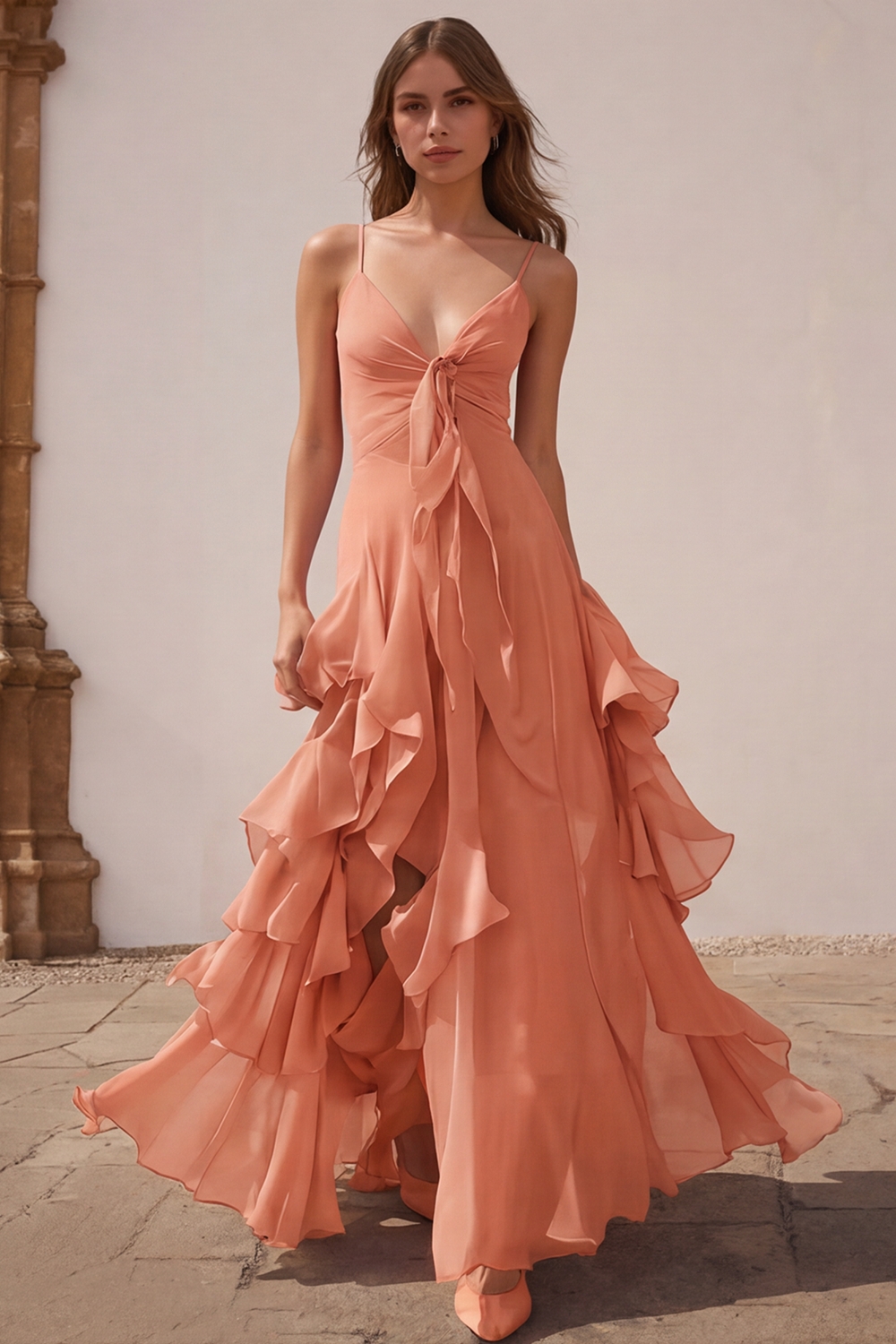 Dusty Blue Chiffon A-Line Spaghetti Straps Long Wedding Guest Dress with Ruffles