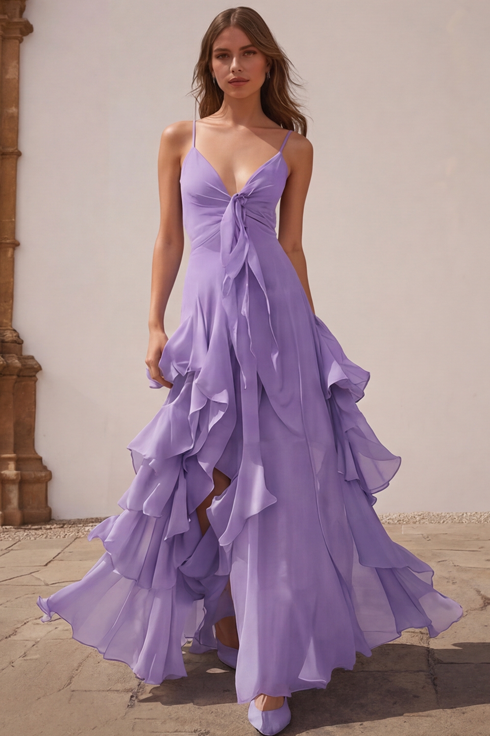 Dusty Blue Chiffon A-Line Spaghetti Straps Long Wedding Guest Dress with Ruffles
