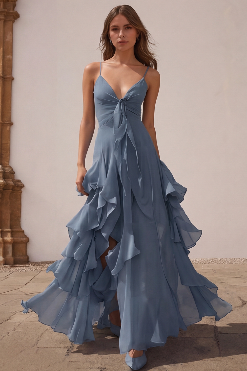 Dusty Blue Chiffon A-Line Spaghetti Straps Long Wedding Guest Dress with Ruffles