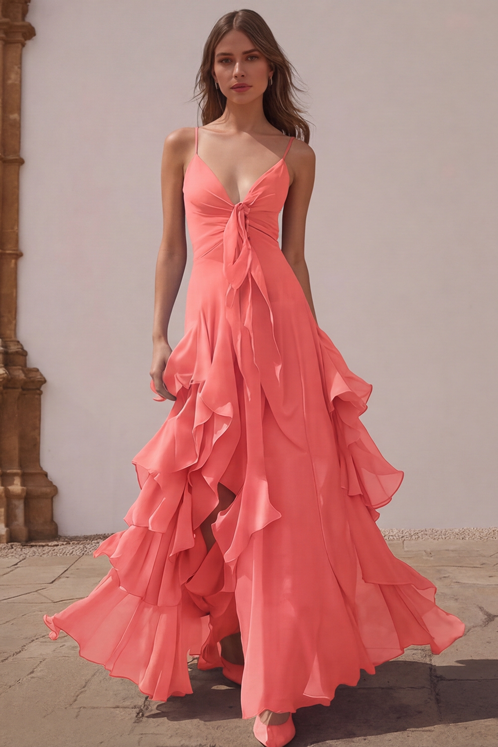 Dusty Blue Chiffon A-Line Spaghetti Straps Long Wedding Guest Dress with Ruffles