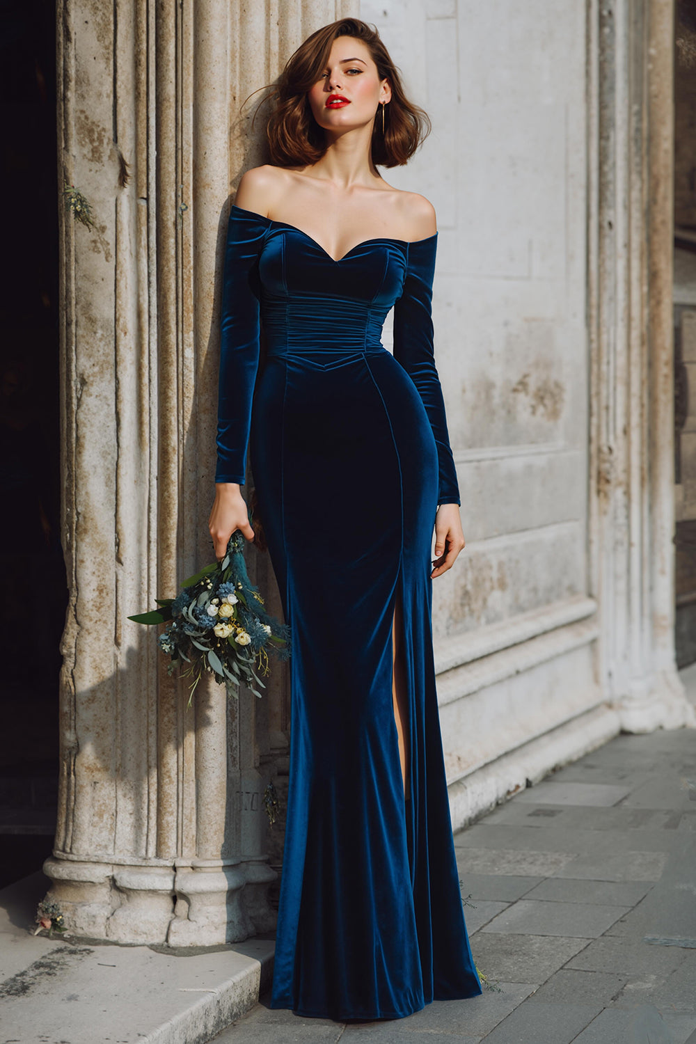 Dark Blue Velvet Mermaid Off the Shoulder Long Sleeves Wedding Guest Dress with Slit