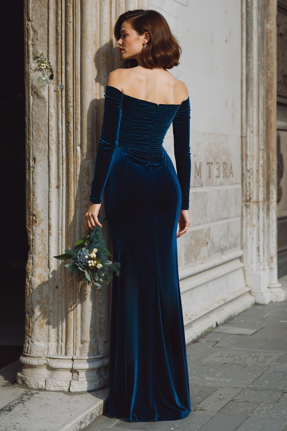 Dark Blue Velvet Mermaid Off the Shoulder Long Sleeves Wedding Guest Dress with Slit