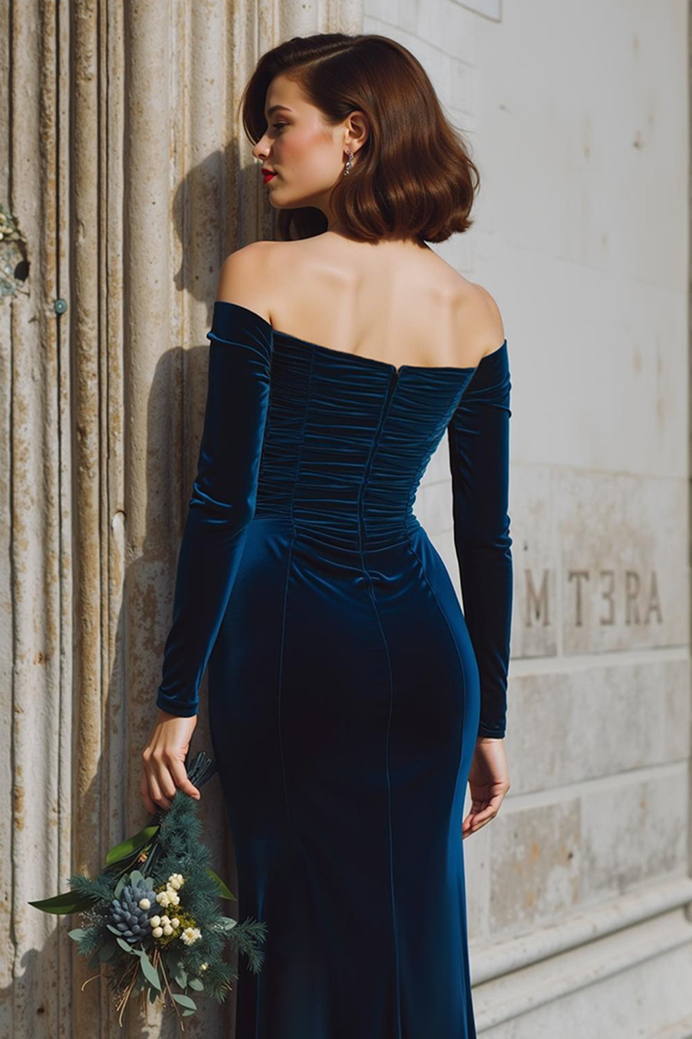 Dark Blue Velvet Mermaid Off the Shoulder Long Sleeves Wedding Guest Dress with Slit