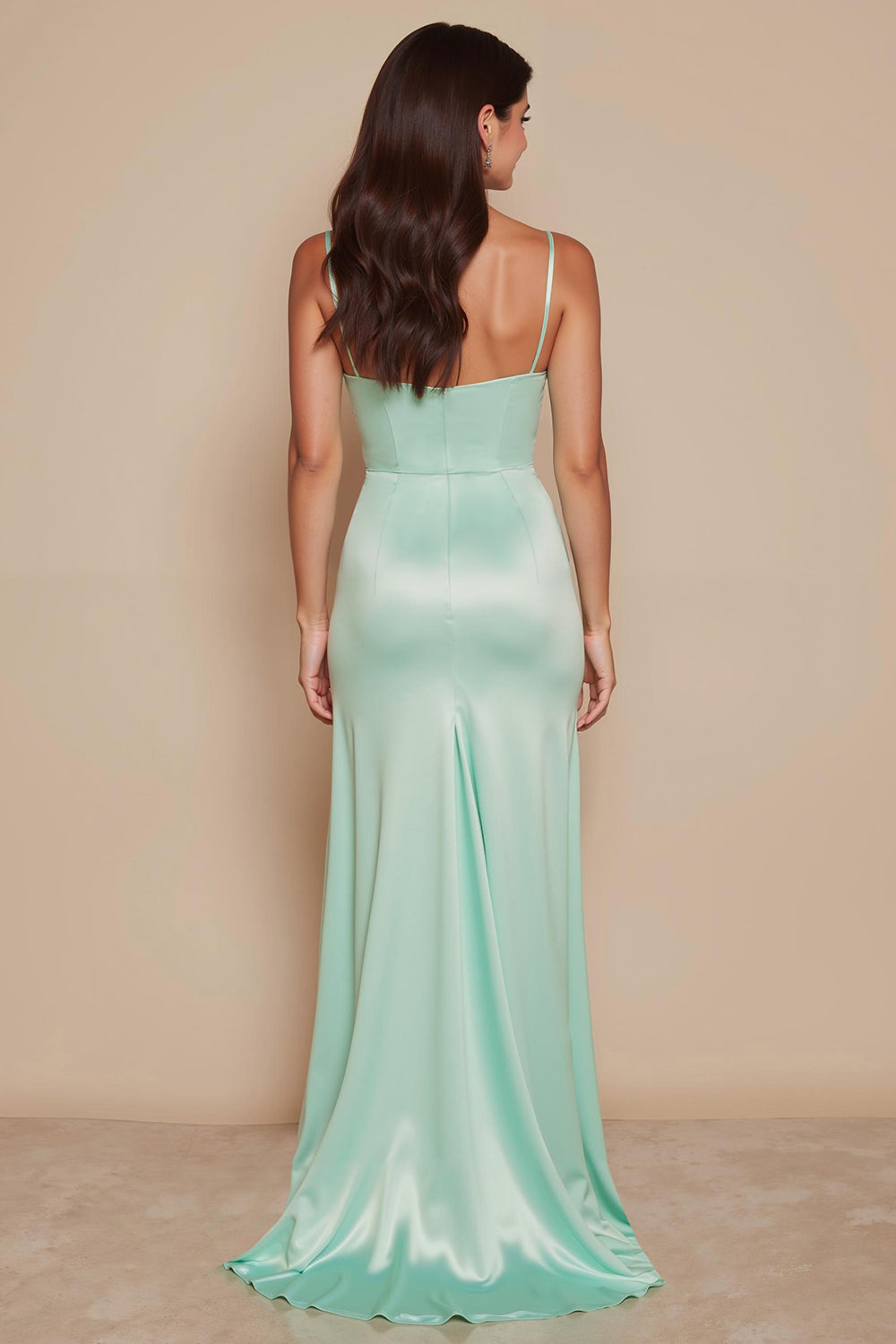 Mint Green Satin Mermaid Spaghetti Straps Long Wedding Guest Dress with Slit