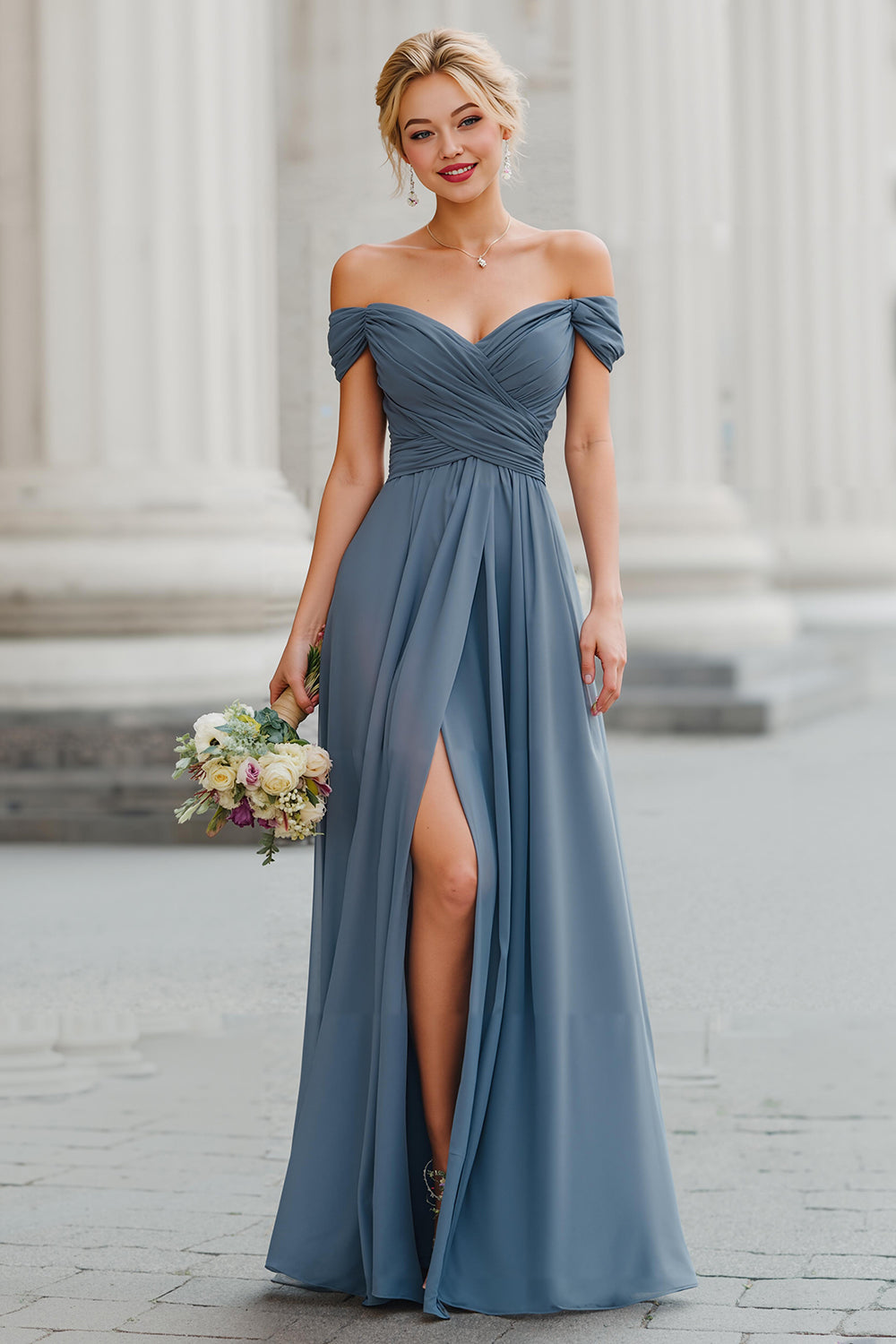 Twilight Blue Chiffon Off the Shoulder Backless A-Line Long Wedding Guest Dress with Slit