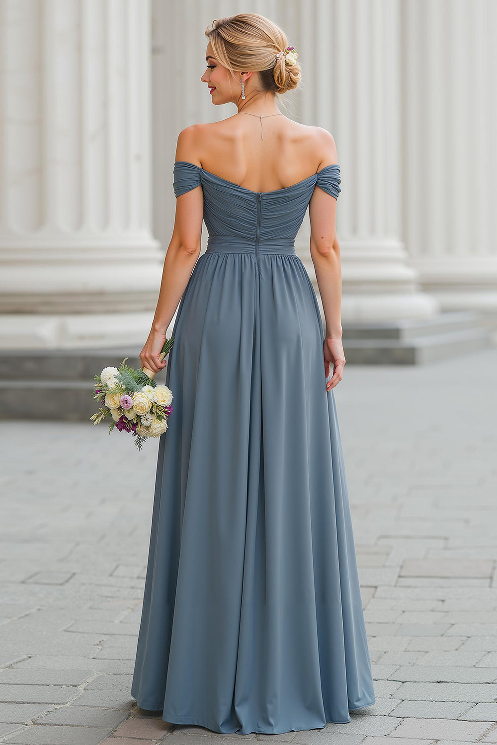 Twilight Blue Chiffon Off the Shoulder Backless A-Line Long Wedding Guest Dress with Slit