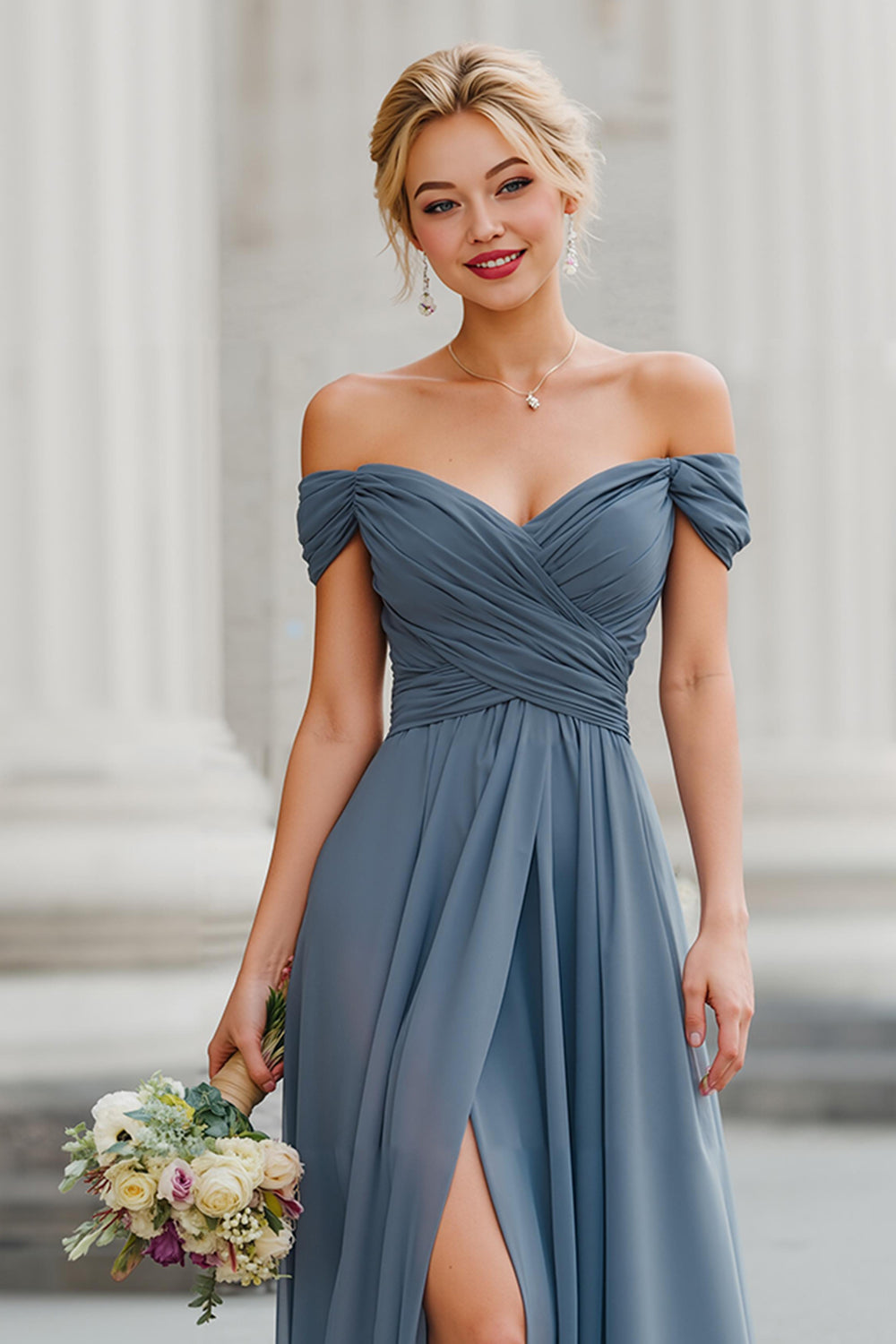 Twilight Blue Chiffon Off the Shoulder Backless A-Line Long Wedding Guest Dress with Slit