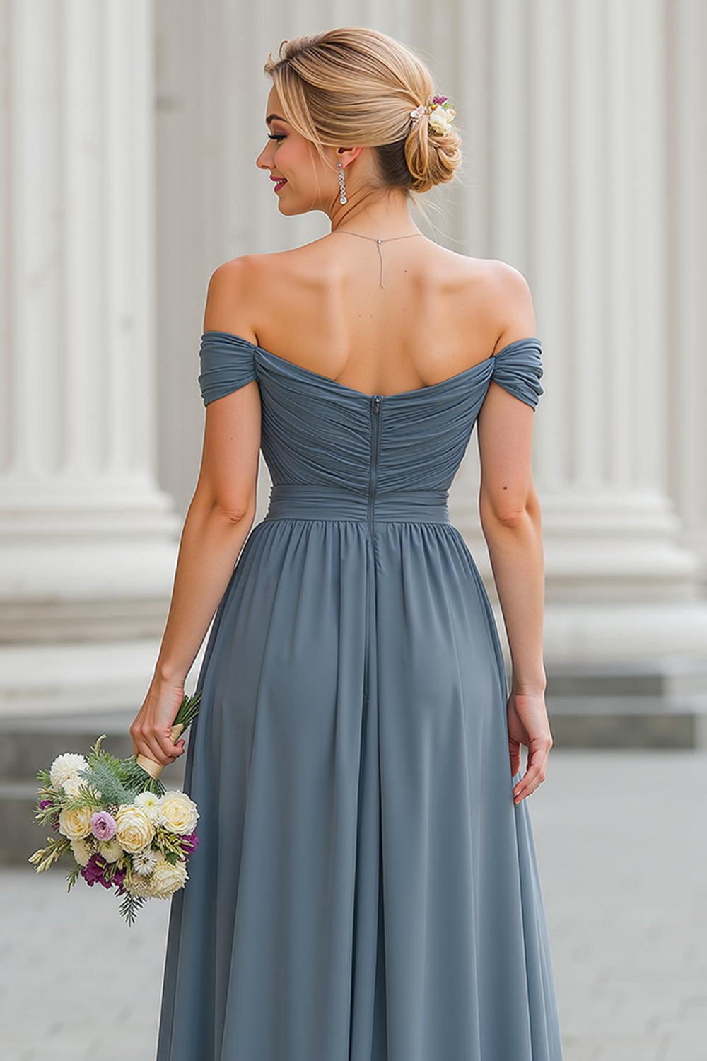 Twilight Blue Chiffon Off the Shoulder Backless A-Line Long Wedding Guest Dress with Slit