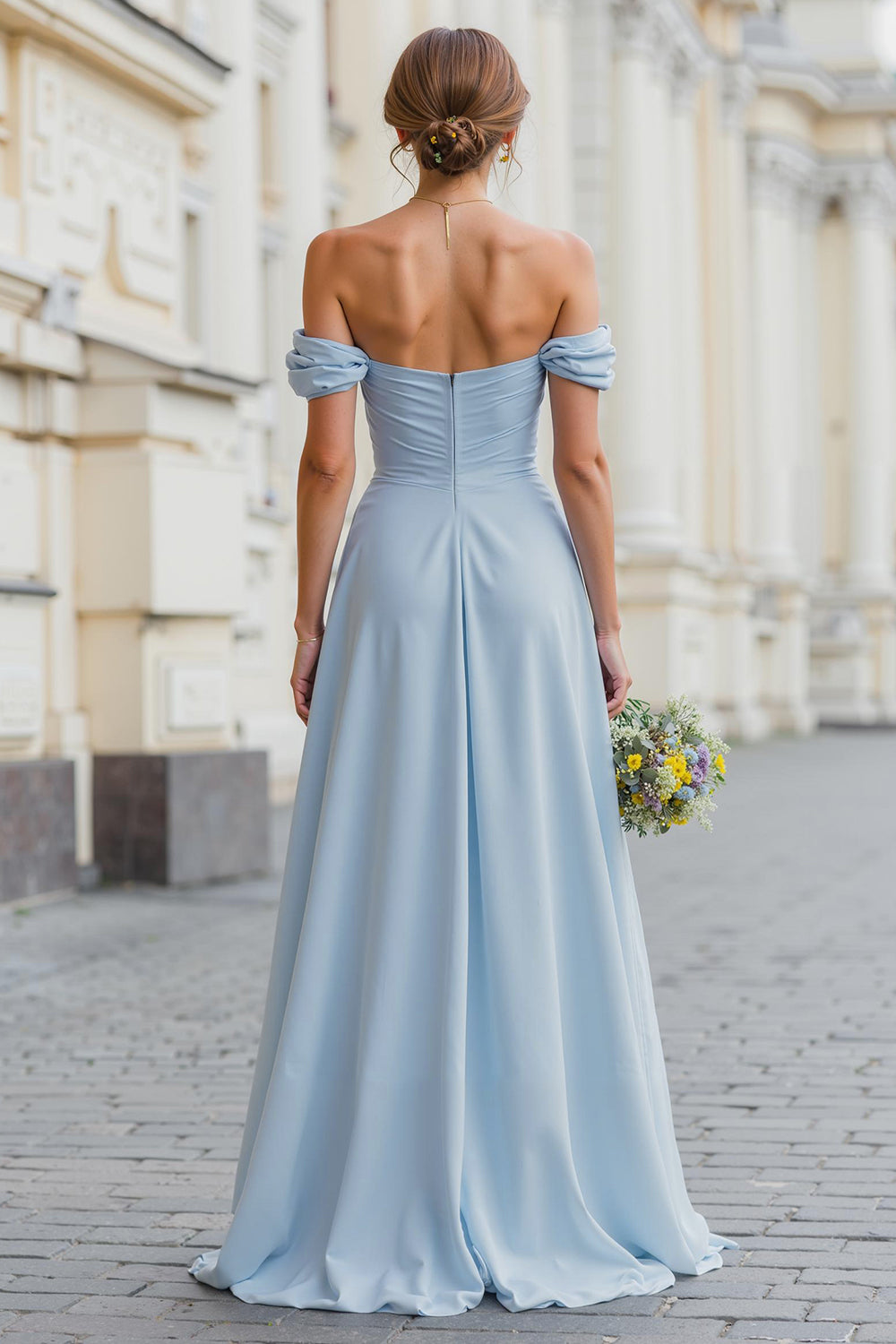 Sky Blue A-Line Chiffon Off the Shoulder Backless Long Wedding Guest Dress with Slit