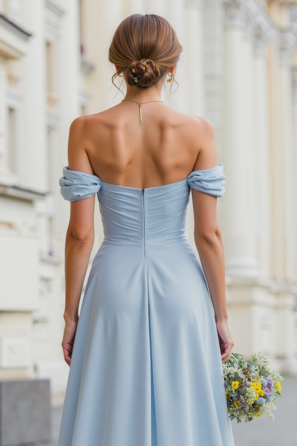 Sky Blue A-Line Chiffon Off the Shoulder Backless Long Wedding Guest Dress with Slit
