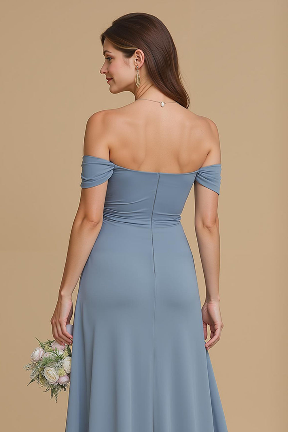 Twilight Blue Off the Shoulder Chiffon A-Line Long Wedding Guest Dress with Slit