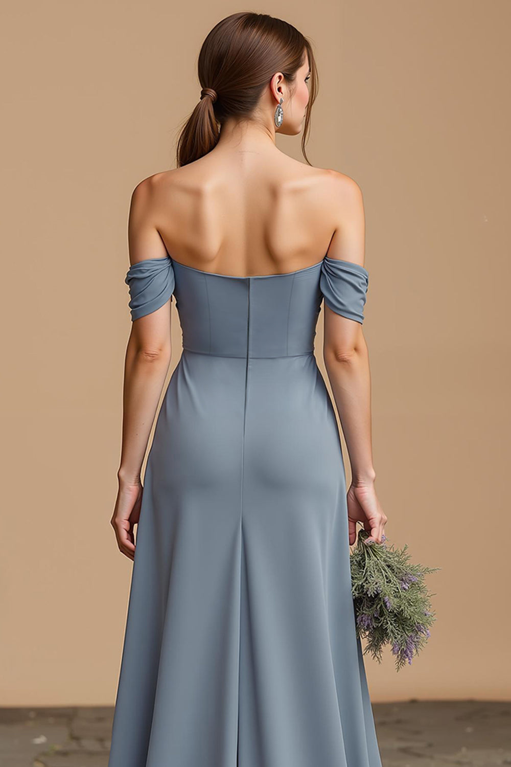Twilight Blue Off the Shoulder Chiffon A-Line Long Wedding Guest Dress with Slit