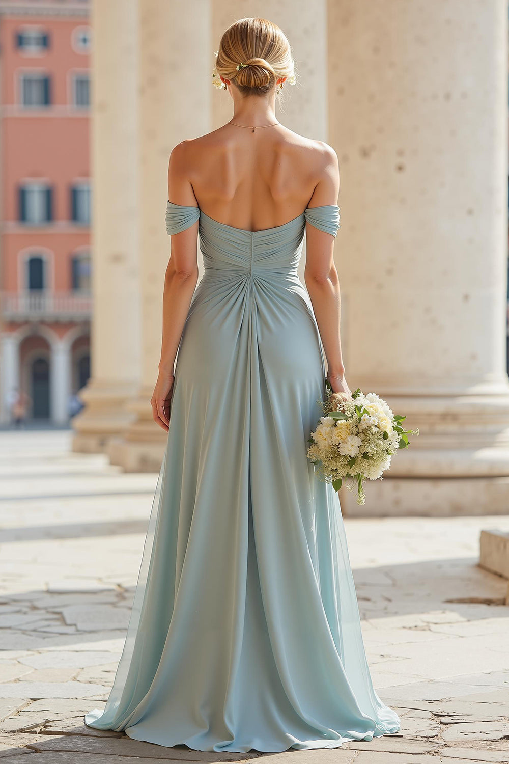 Grey Blue Chiffon Off the Shoulder A-Line Long Wedding Guest Dress with Slit