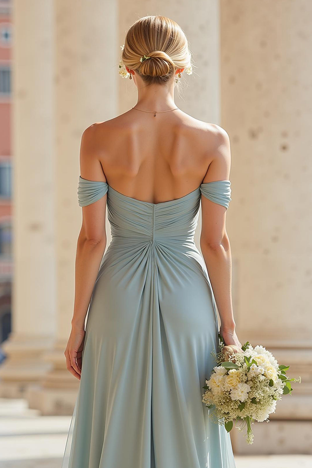 Grey Blue Chiffon Off the Shoulder A-Line Long Wedding Guest Dress with Slit