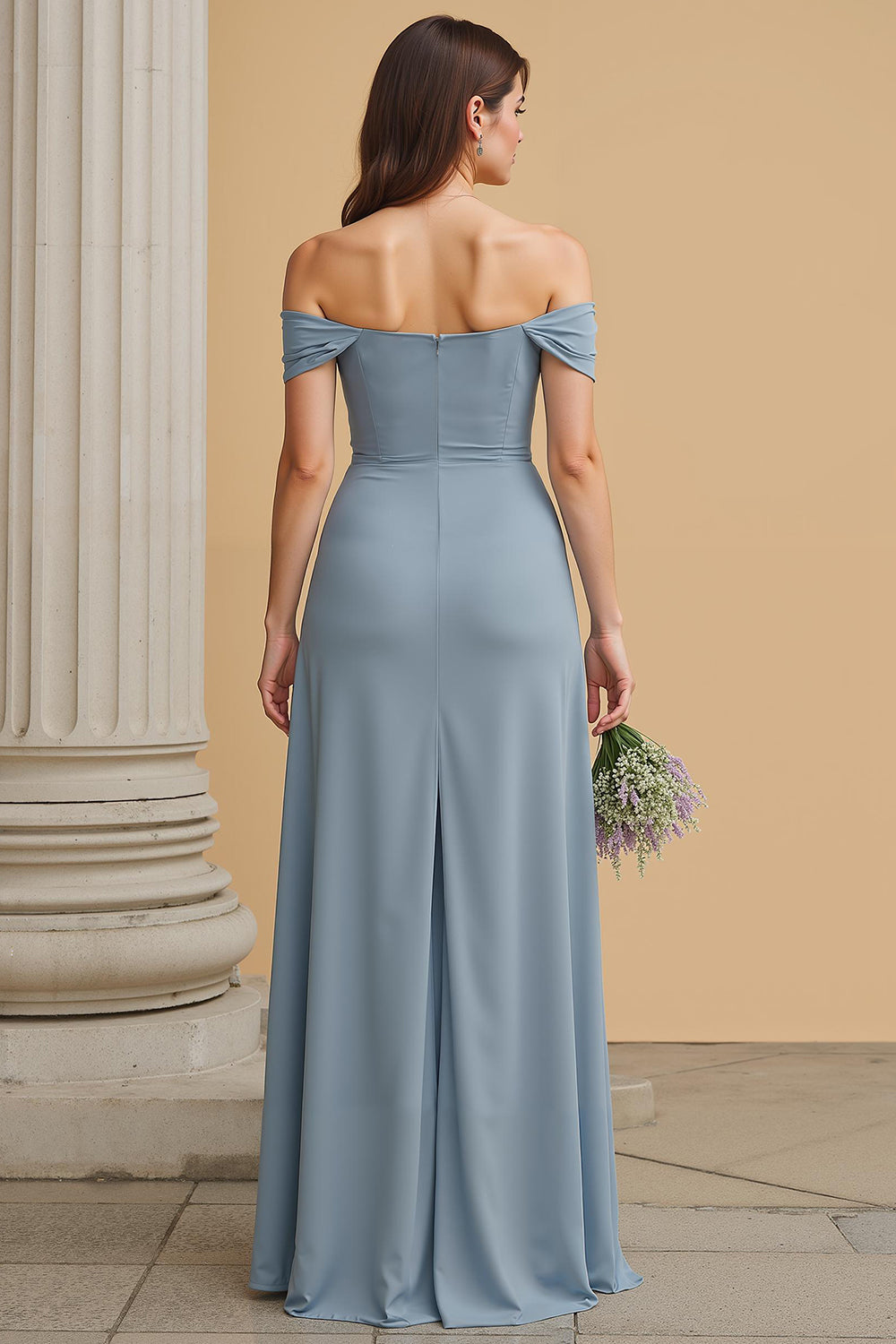 Dusty Blue Chiffon Off the Shoulder A-Line Long Wedding Guest Dress with Slit