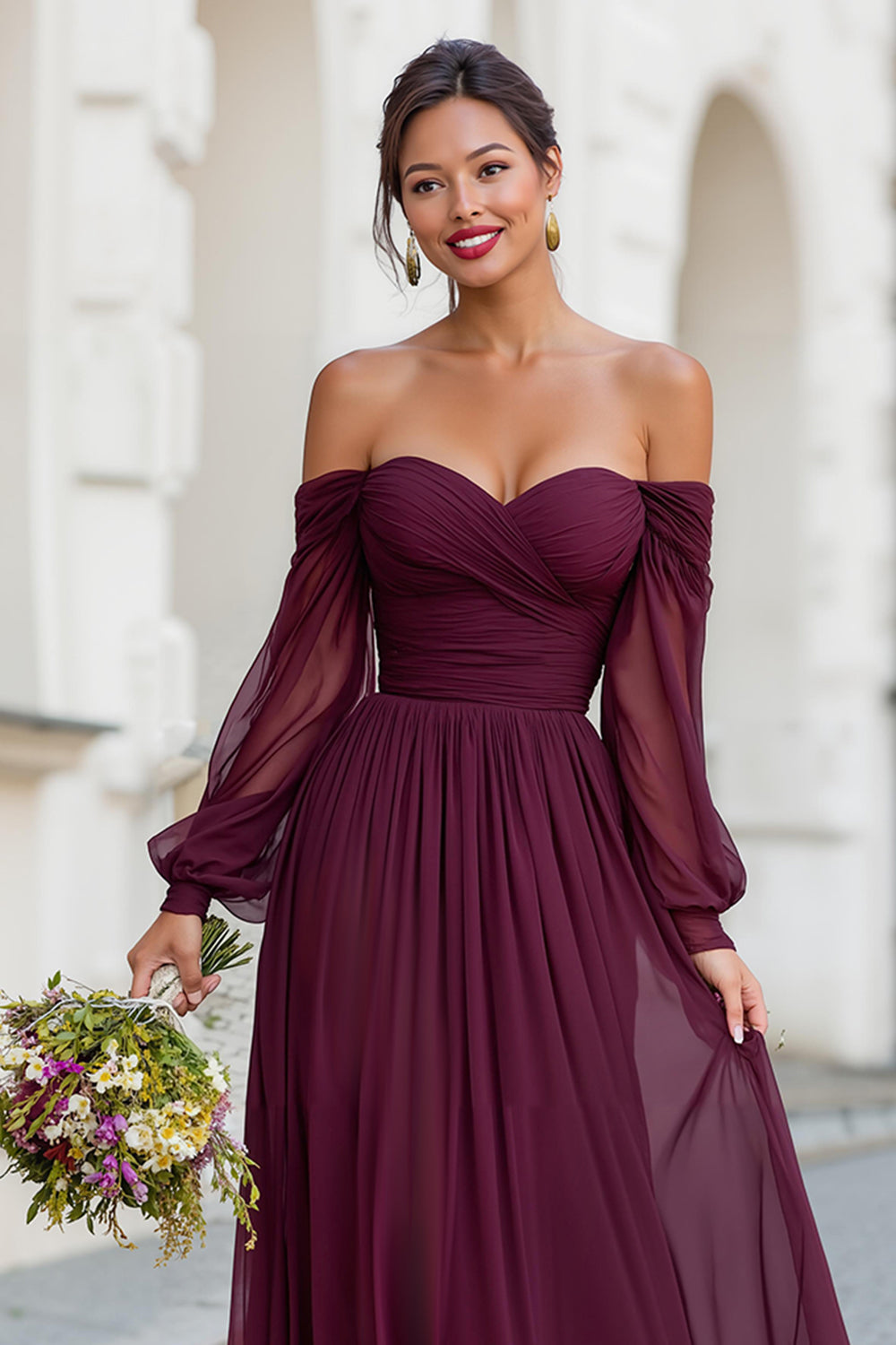 Cabernet Chiffon Off the Shoulder A-Line Long Wedding Guest Dress with Sleeves