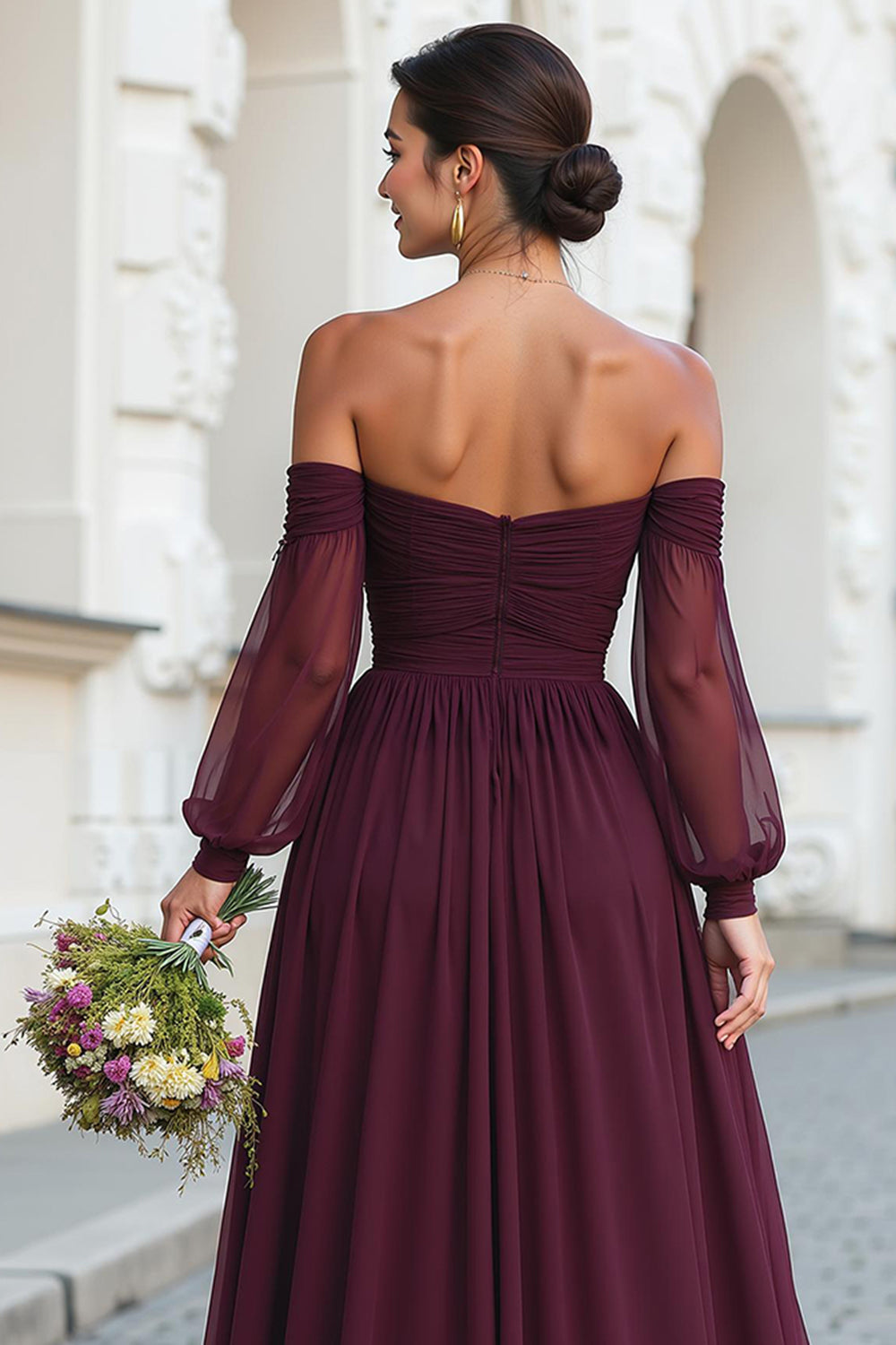 Cabernet Chiffon Off the Shoulder A-Line Long Wedding Guest Dress with Sleeves
