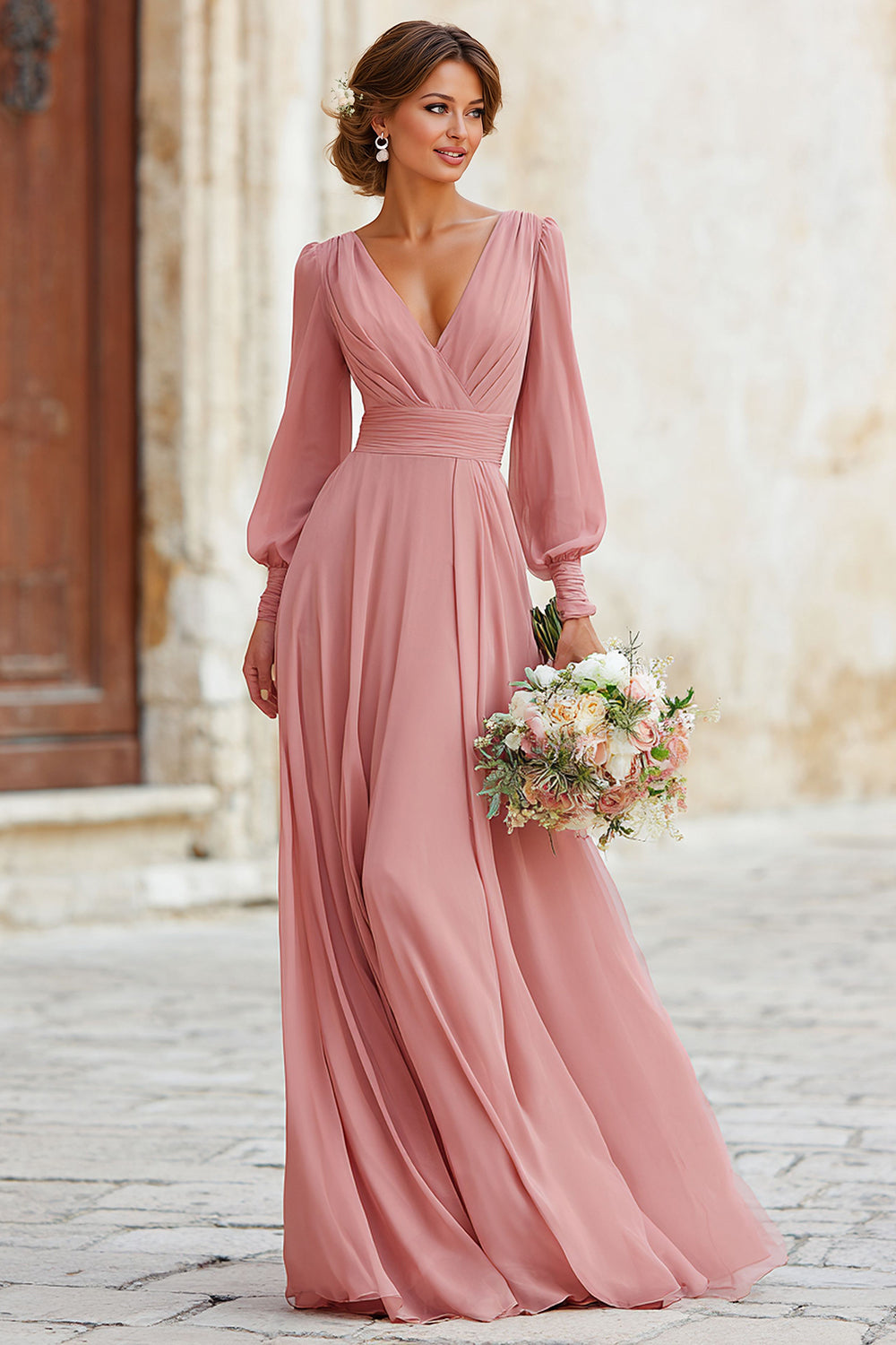 Dusty Rose V-Neck Chiffon A-Line Long Sleeves Wedding Guest Dress