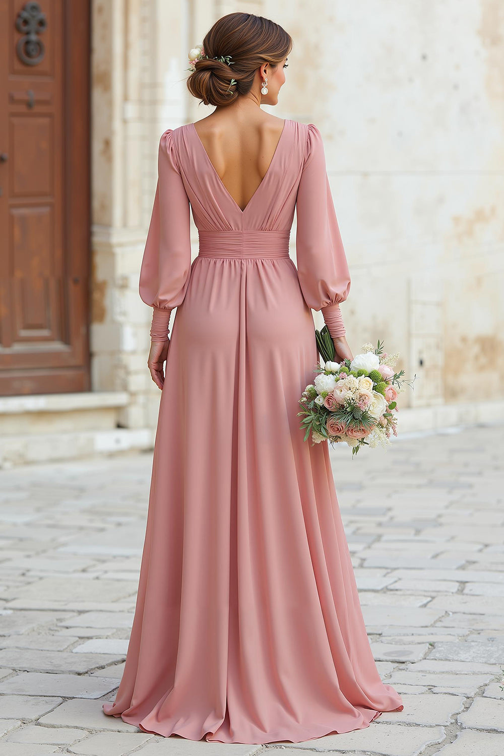 Dusty Rose V-Neck Chiffon A-Line Long Sleeves Wedding Guest Dress