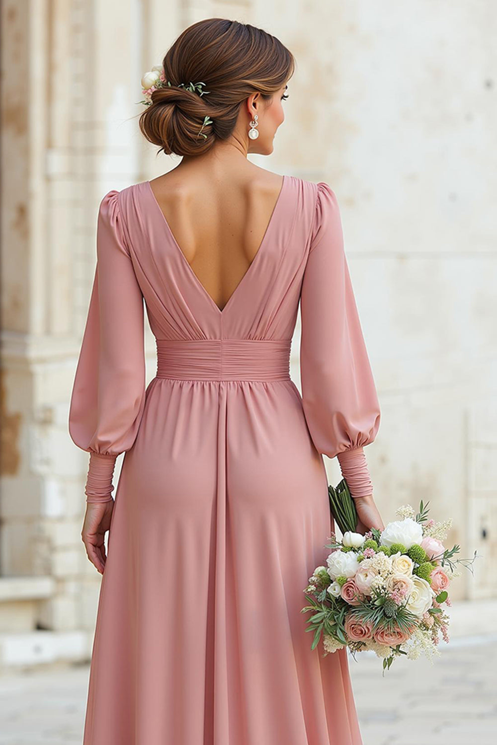 Dusty Rose V-Neck Chiffon A-Line Long Sleeves Wedding Guest Dress
