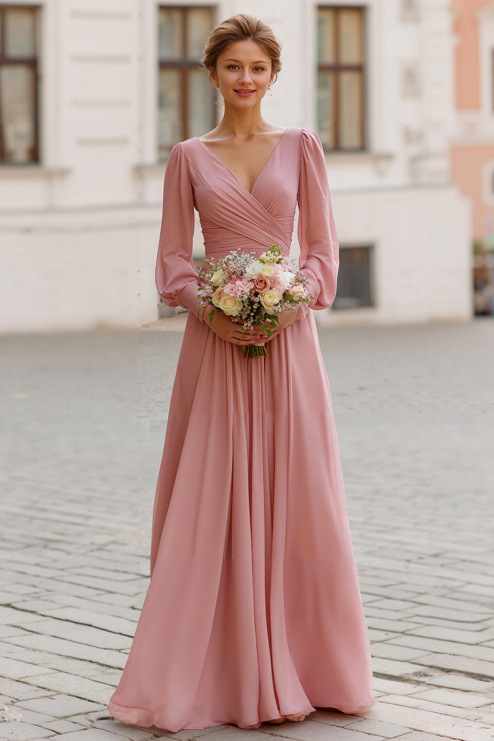 Dusty Rose V-Neck A-Line Chiffon Long Wedding Guest Dress with Sleeves