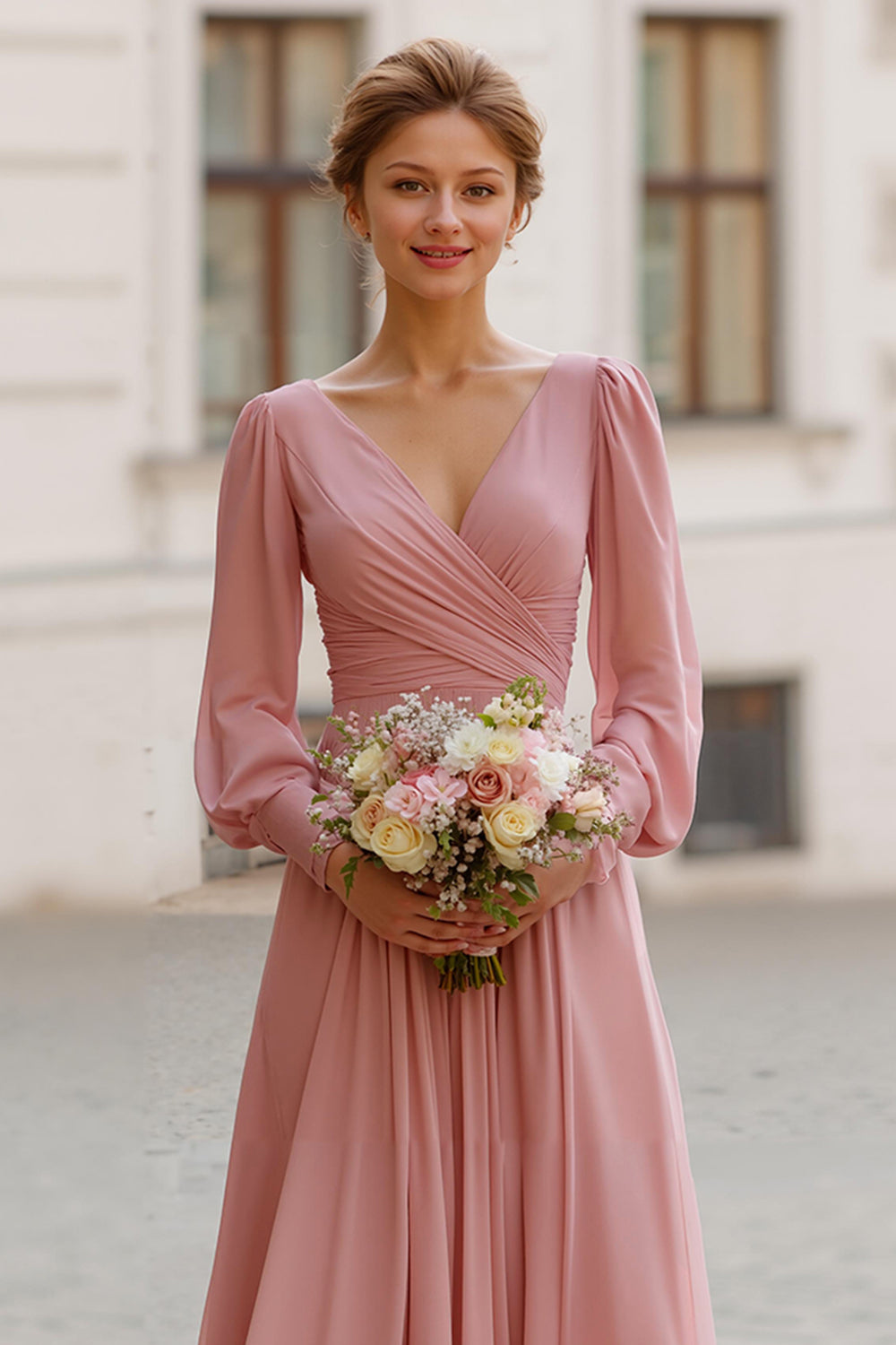 Dusty Rose V-Neck A-Line Chiffon Long Wedding Guest Dress with Sleeves
