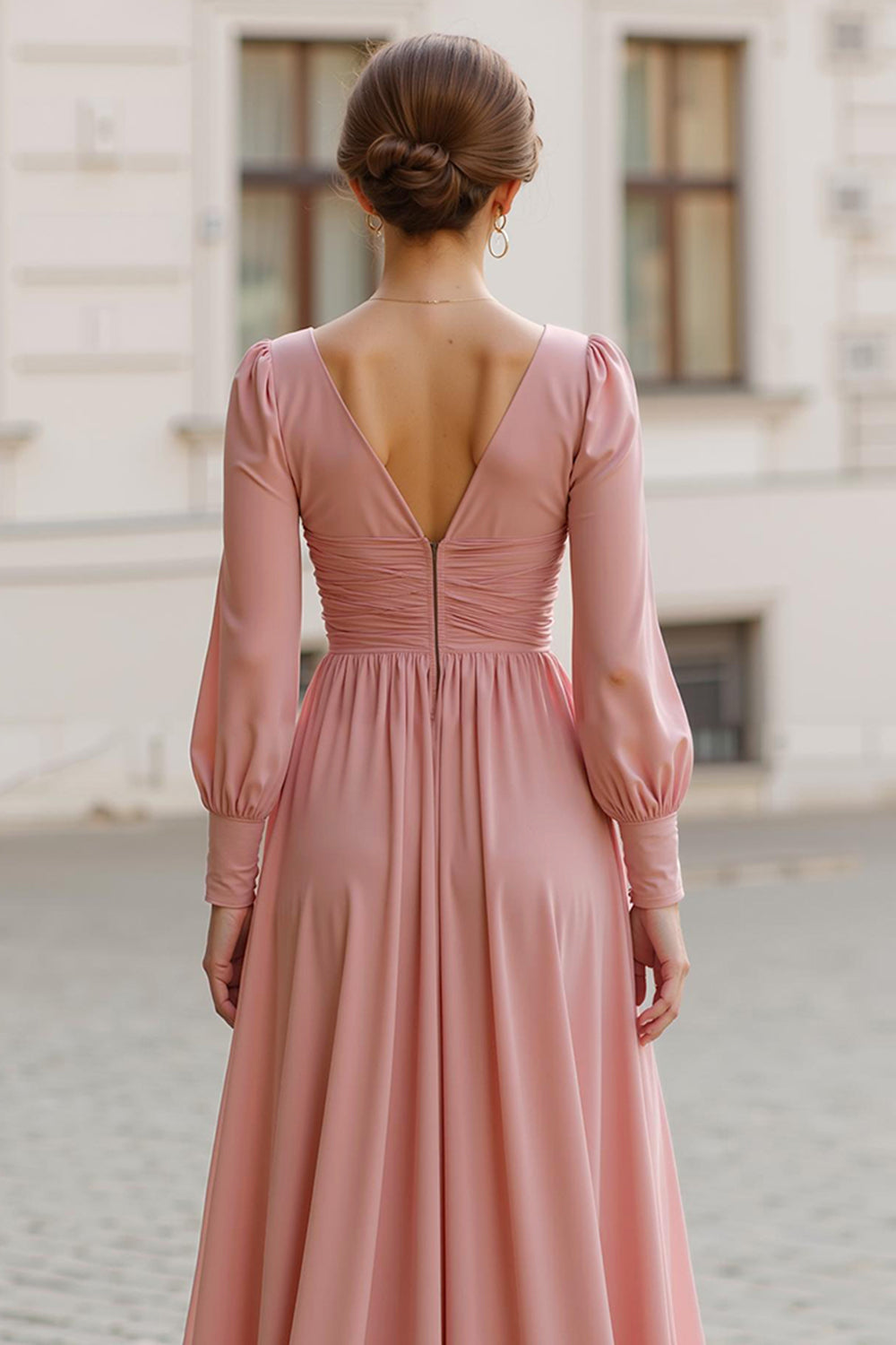 Dusty Rose V-Neck A-Line Chiffon Long Wedding Guest Dress with Sleeves