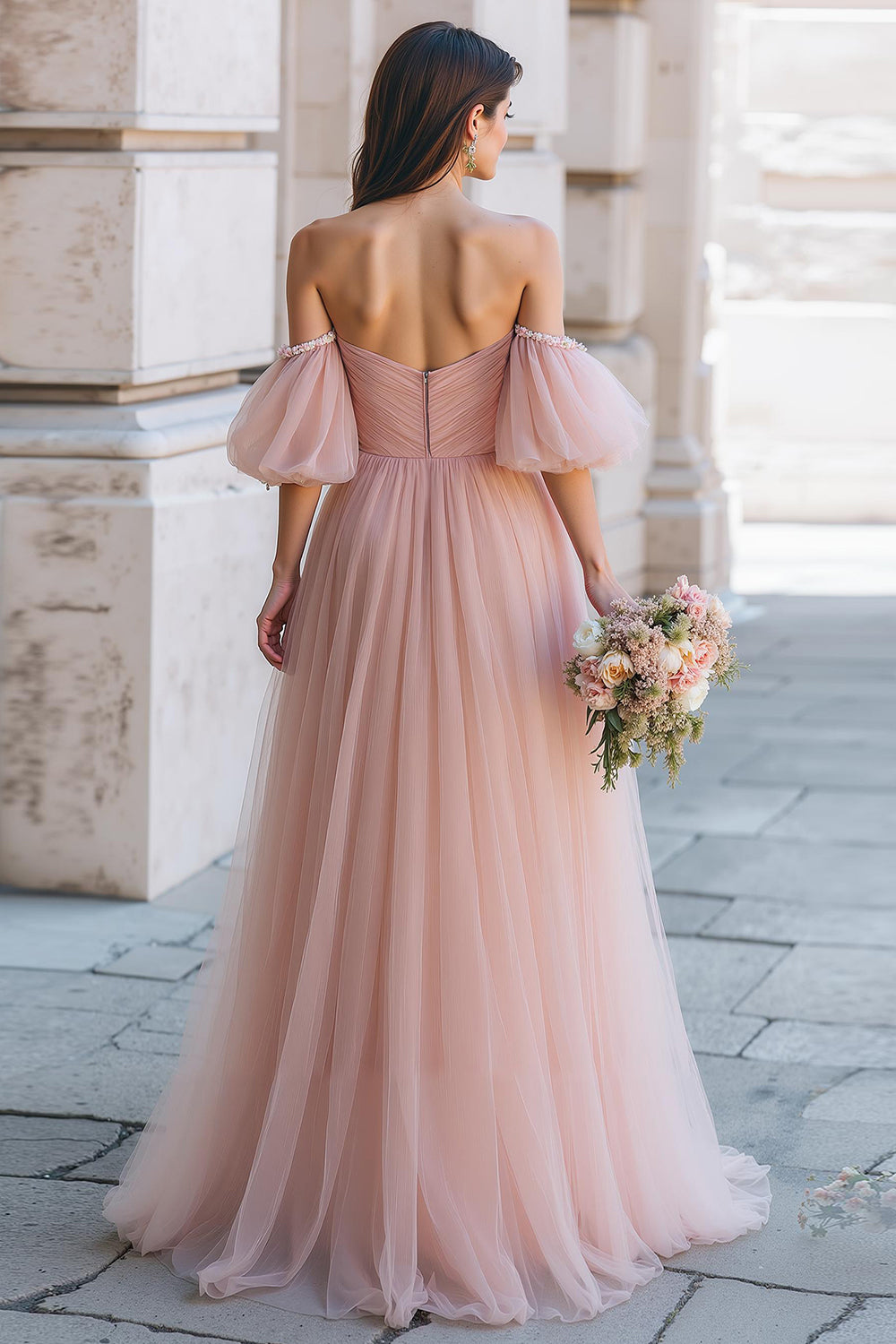 Dusty Rose Tulle A-Line Off the Shoulder Long Wedding Guest Dress with Sleeves