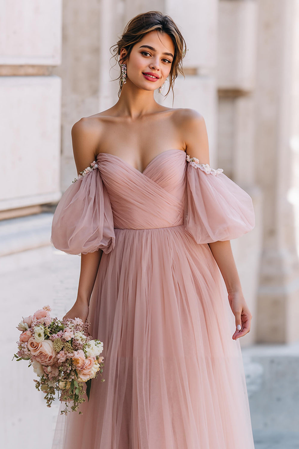 Dusty Rose Tulle A-Line Off the Shoulder Long Wedding Guest Dress with Sleeves