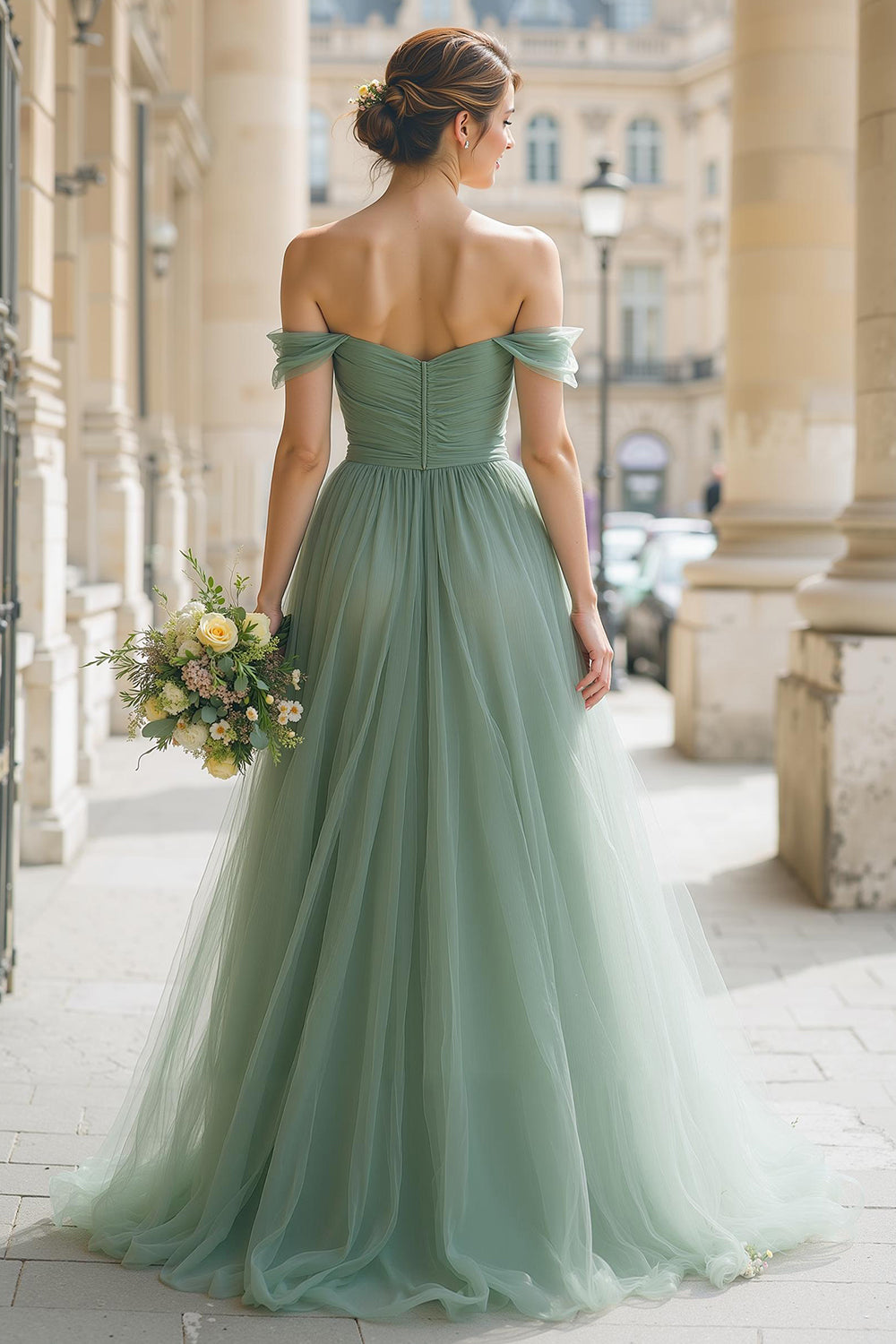 Eucalyptus Green Tulle Off the Shoulder A-Line Long Wedding Guest Dress