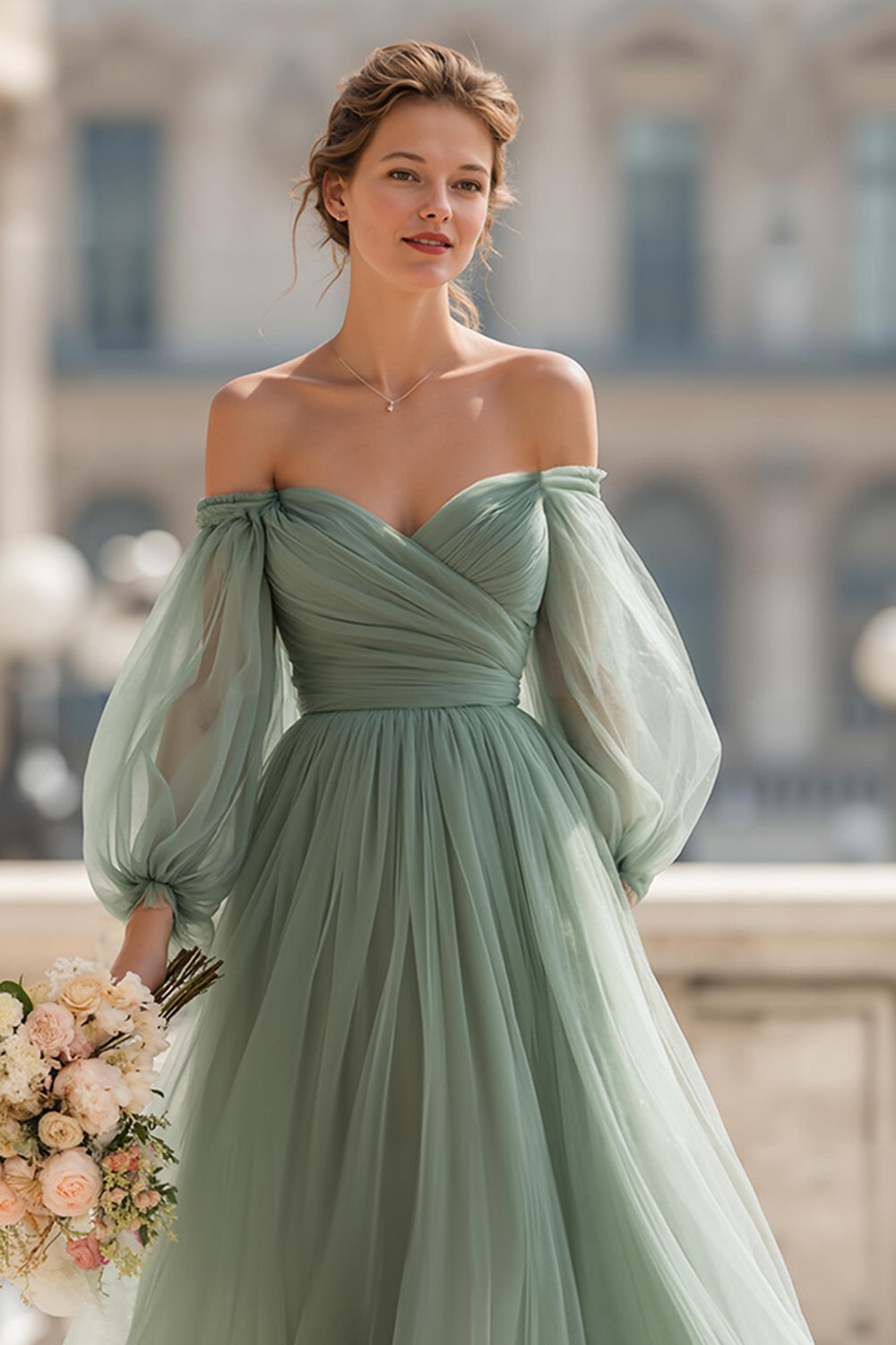 Eucalyptus Green Tulle A-Line Off the Shoulder Long Sleeves Wedding Guest Dress