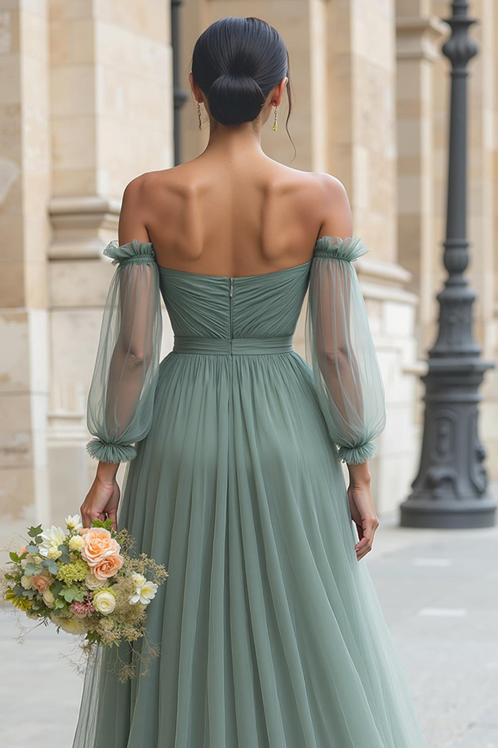 Eucalyptus A-Line Off the Shoulder Tulle Long Sleeves Wedding Guest Dress