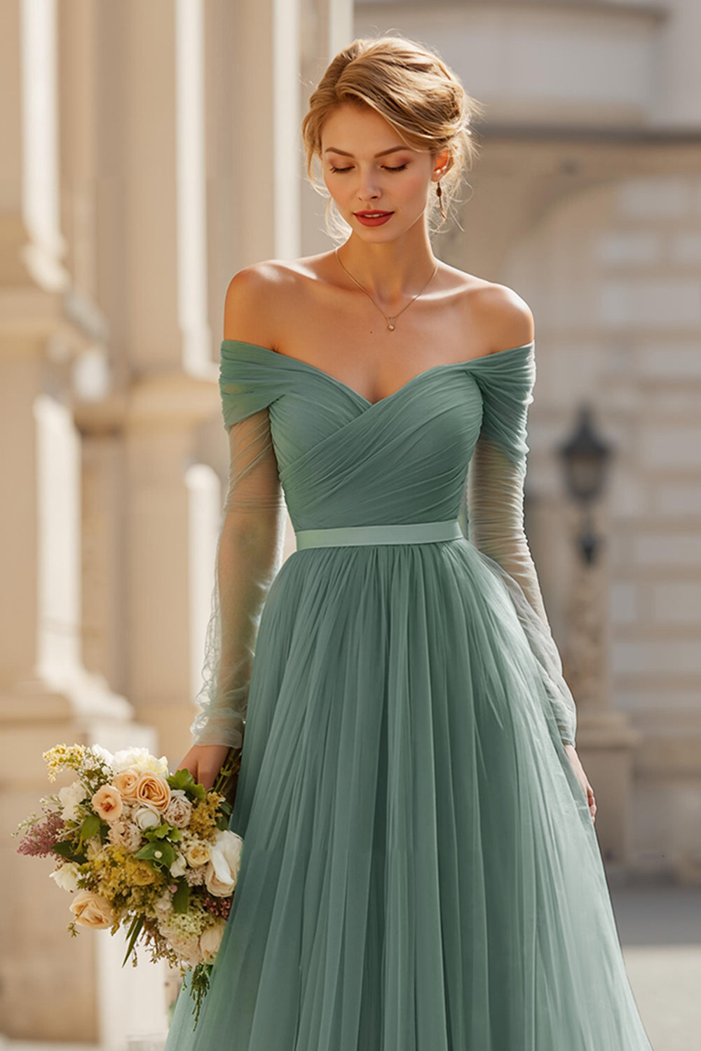 Eucalyptus Tulle Off the Shoulder Backless A-Line Long Wedding Guest Dress
