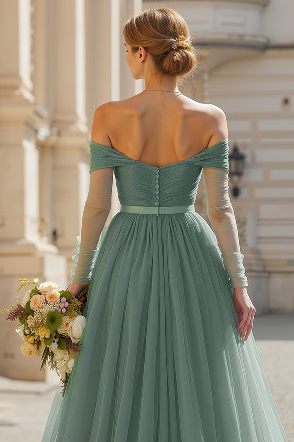 Eucalyptus Tulle Off the Shoulder Backless A-Line Long Wedding Guest Dress