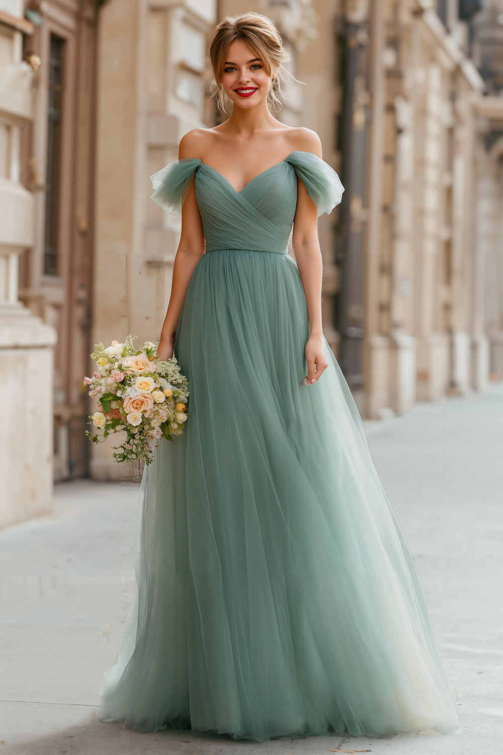 Eucalyptus Green A-Line Off the Shoulder Tulle Backless Long Wedding Guest Dress