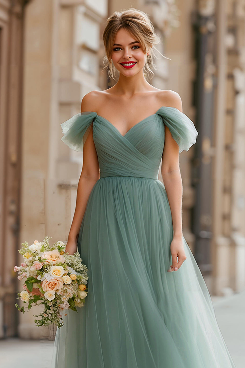 Eucalyptus Green A-Line Off the Shoulder Tulle Backless Long Wedding Guest Dress