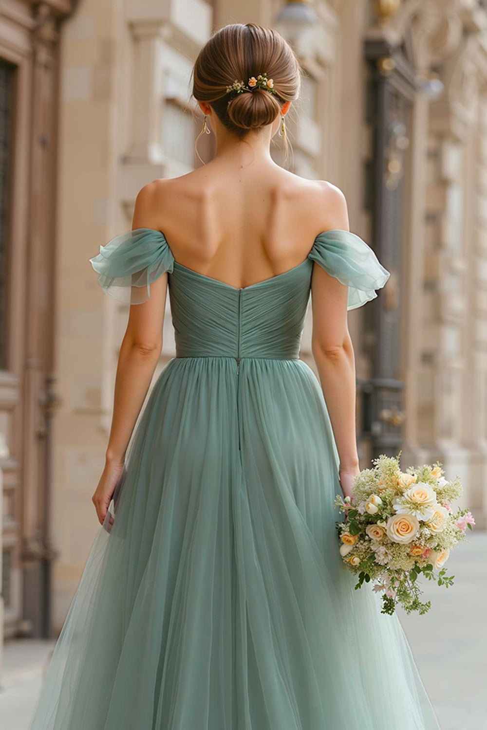 Eucalyptus Green A-Line Off the Shoulder Tulle Backless Long Wedding Guest Dress