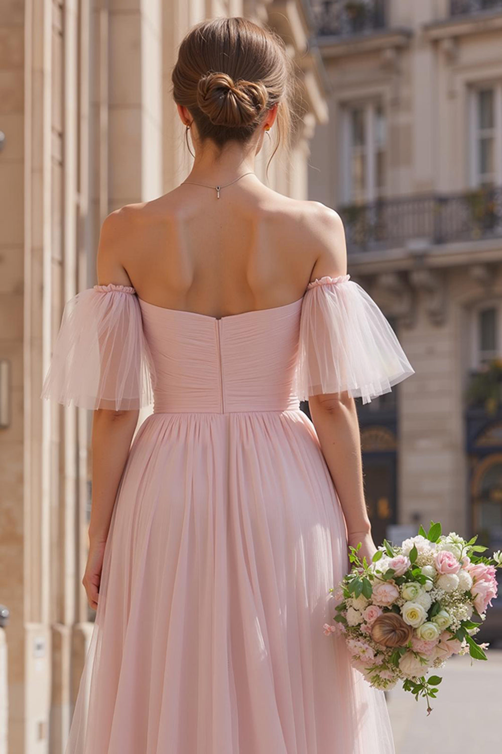 Blush Pink Off the Shoulder A-Line Tulle Long Wedding Guest Dress with Sleeves