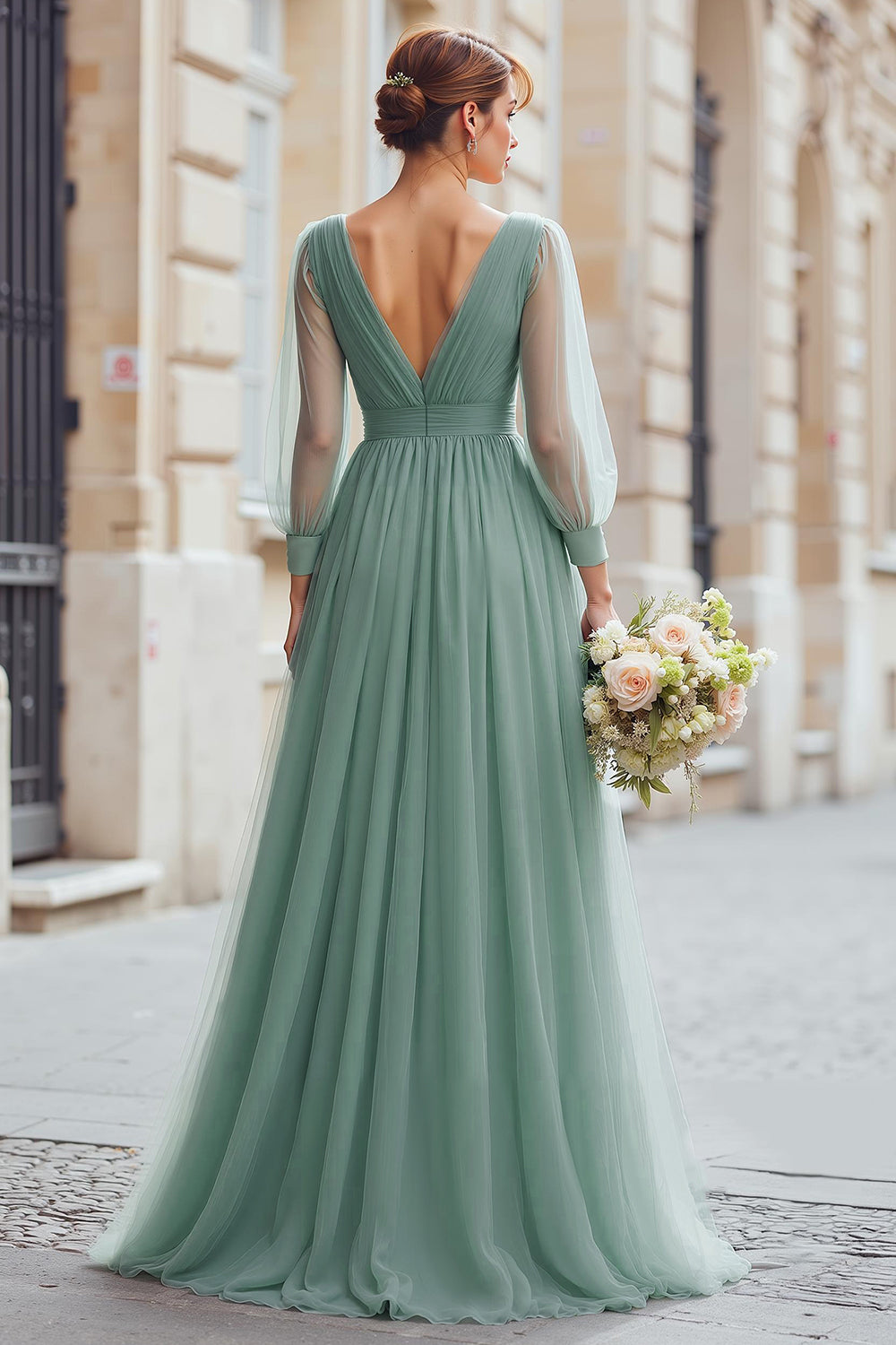 Eucalyptus Green A-Line V-Neck Tulle Long Sleeves Wedding Guest Dress 