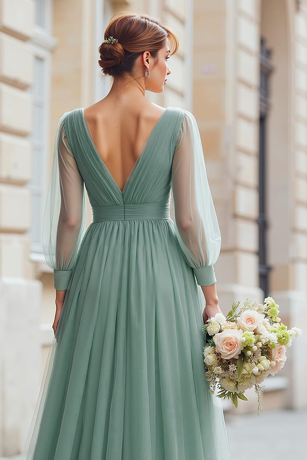 Eucalyptus Green A-Line V-Neck Tulle Long Sleeves Wedding Guest Dress 