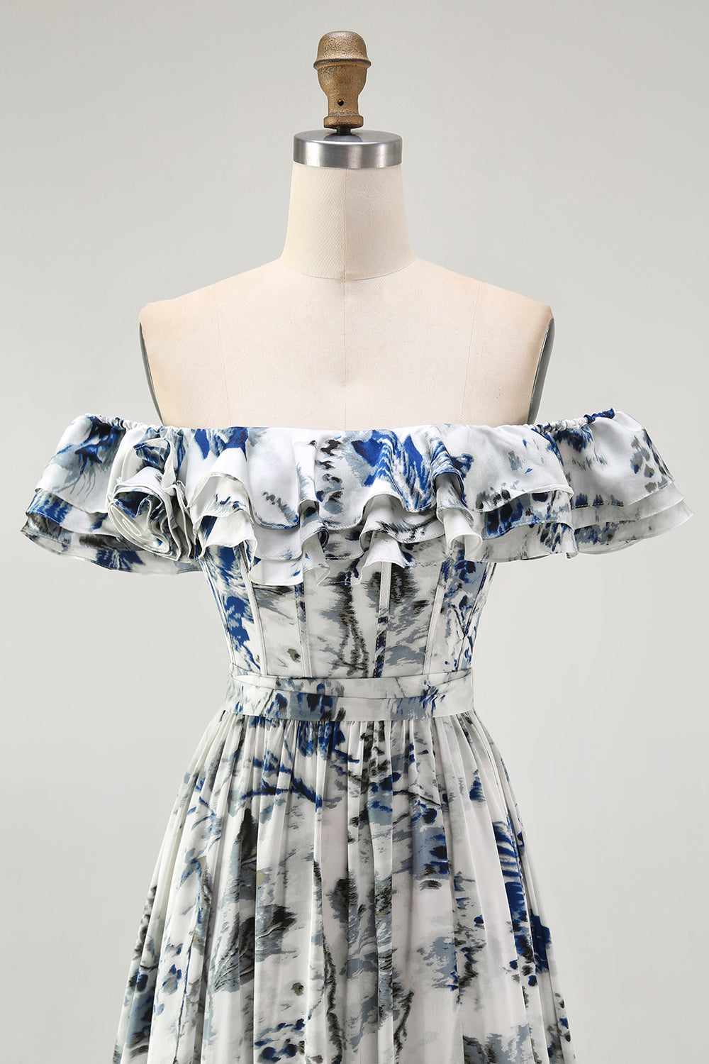 Floral Blue A-Line Long Chiffon Wedding Guest Dress with Ruffles