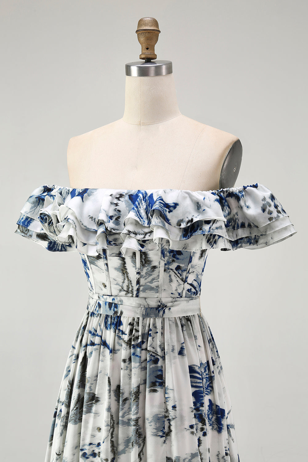 Floral Blue A-Line Long Chiffon Wedding Guest Dress with Ruffles