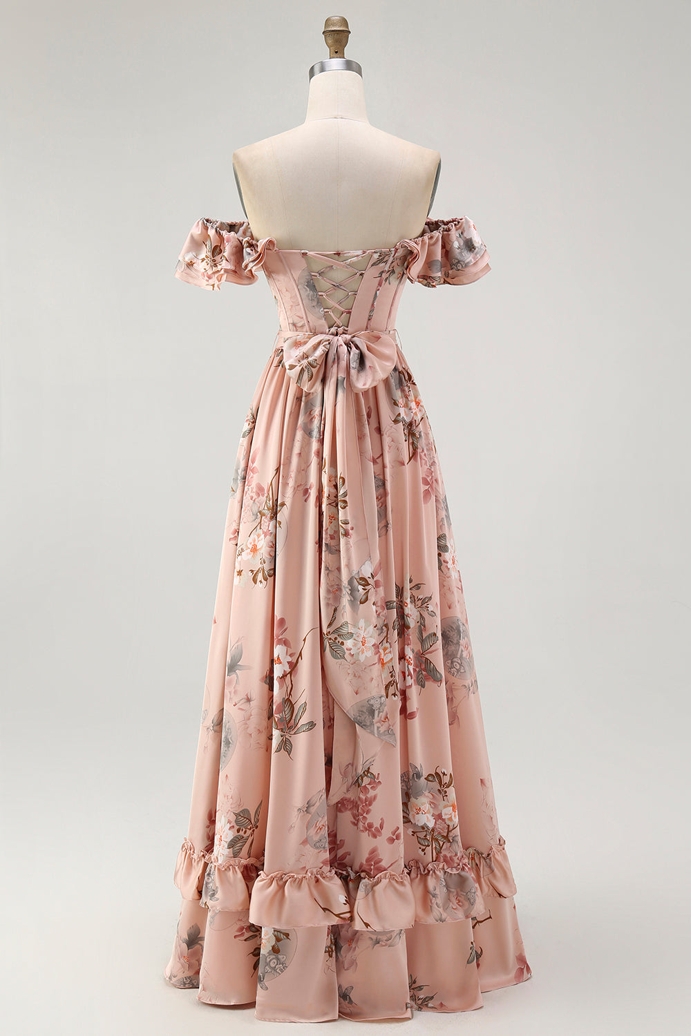 Floral Blush Corset Satin Long A-Line Wedding Guest Dress with Bow